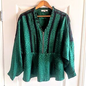 Koche Black Embroidered Lace Green Jacquard Tunic Top